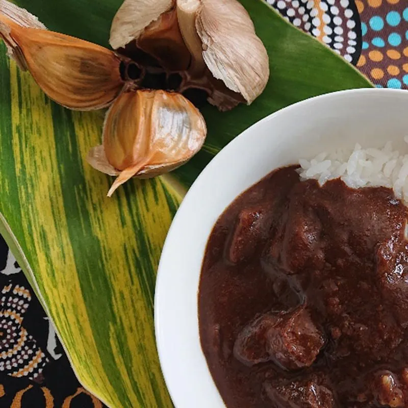 田子黒にんにくカレーは国産牛肉と田子産黒にんにくを煮込んで作られたプレミアム欧風カレーです。